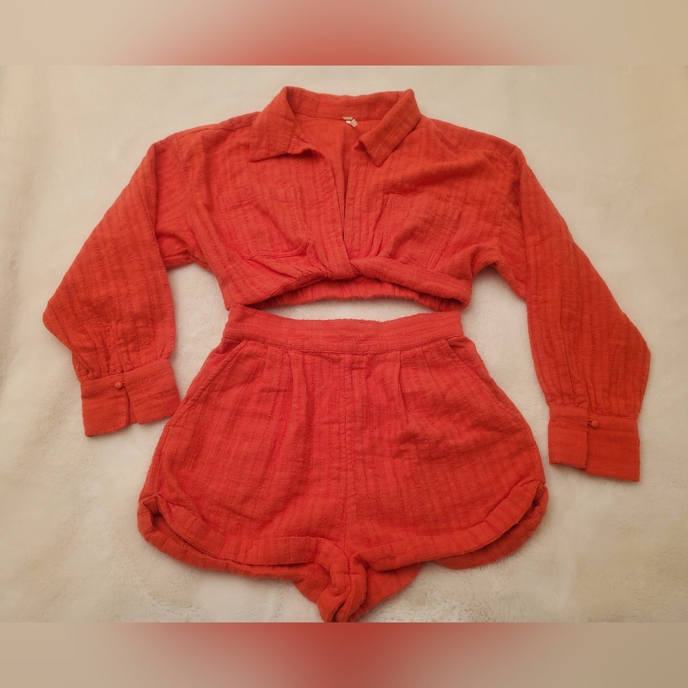Free People Gauze Shorts And Crop Long Sleeve Top Two-Piece Set Size Small - Picture 4 of 11